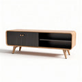 Wooden media console with two doors and open shelving black and natural finish 150 x 40 x 50cm