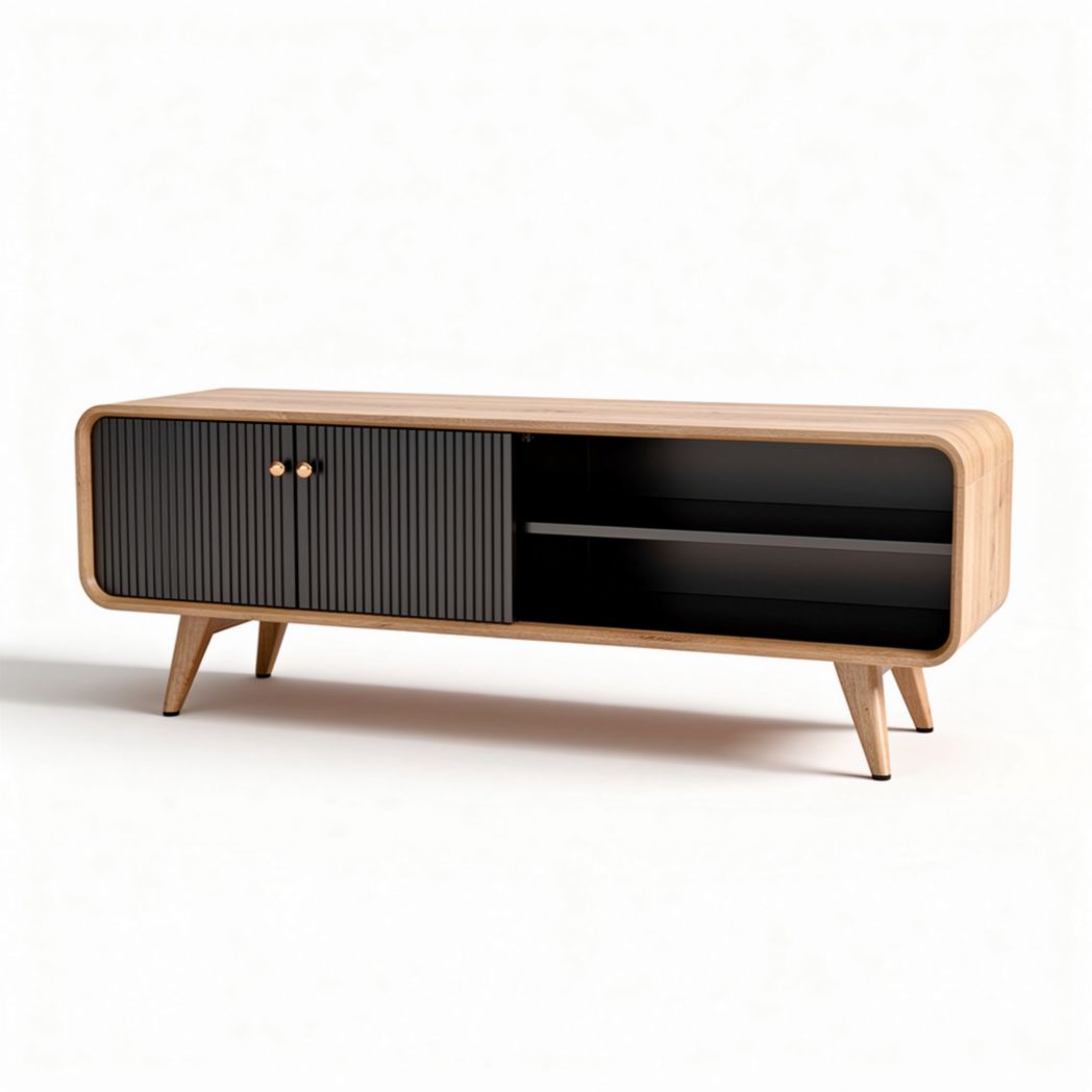 Wooden media console with two doors and open shelving black and natural finish 150 x 40 x 50cm