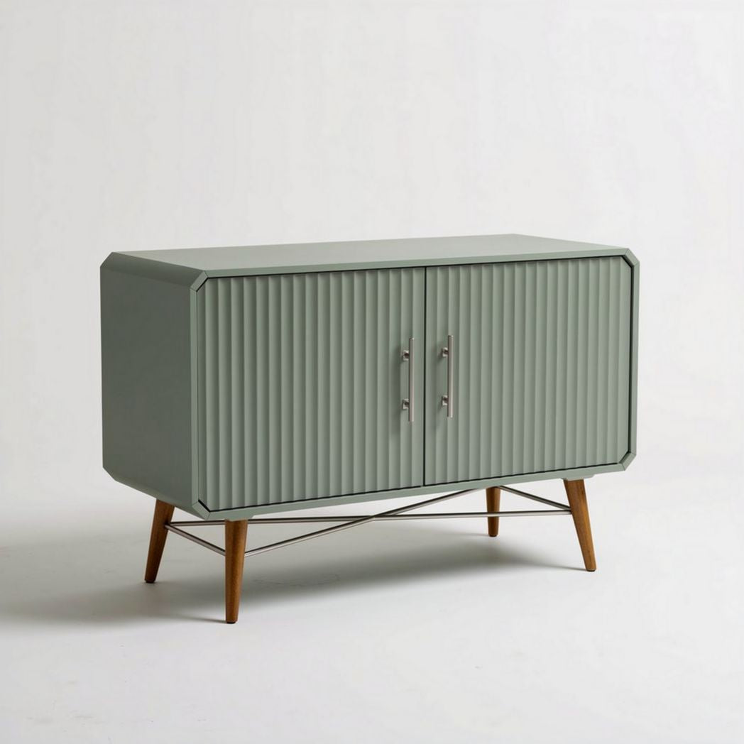 Green ribbed sideboard with storage cabinet and wooden legs 120 x 40 x 75cm