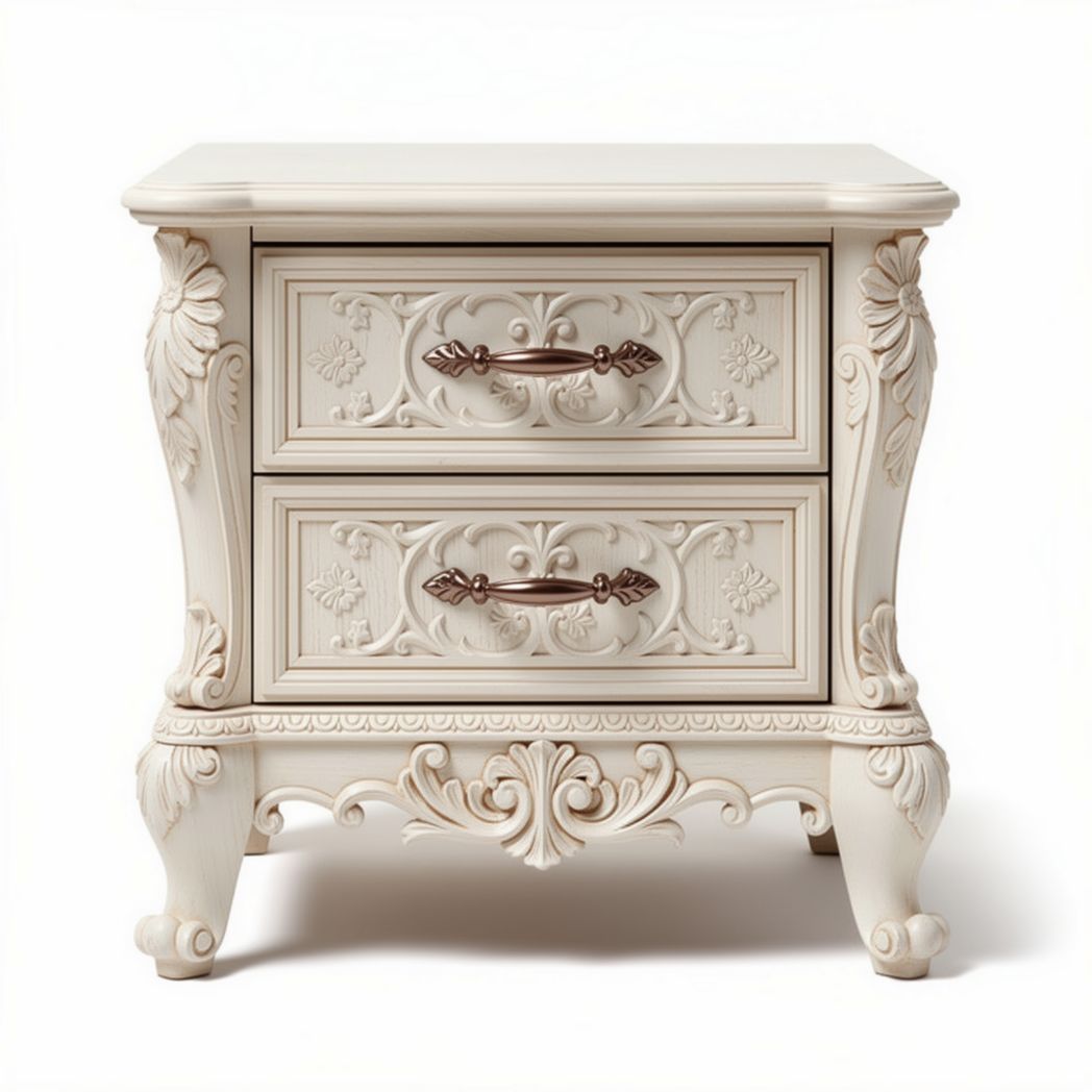 Elegant carved nightstand in cream finish with two drawers 50 x 40 x 60cm