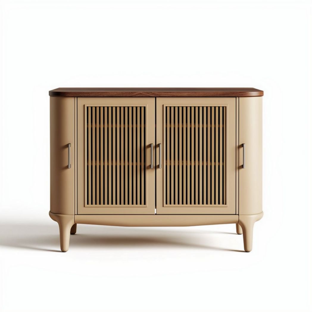 Natural wood and beige storage cabinet with slatted doors 80 x 40 x 70cm