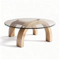 Glass top coffee table with wooden base in natural finish 100 x 100 x 40cm
