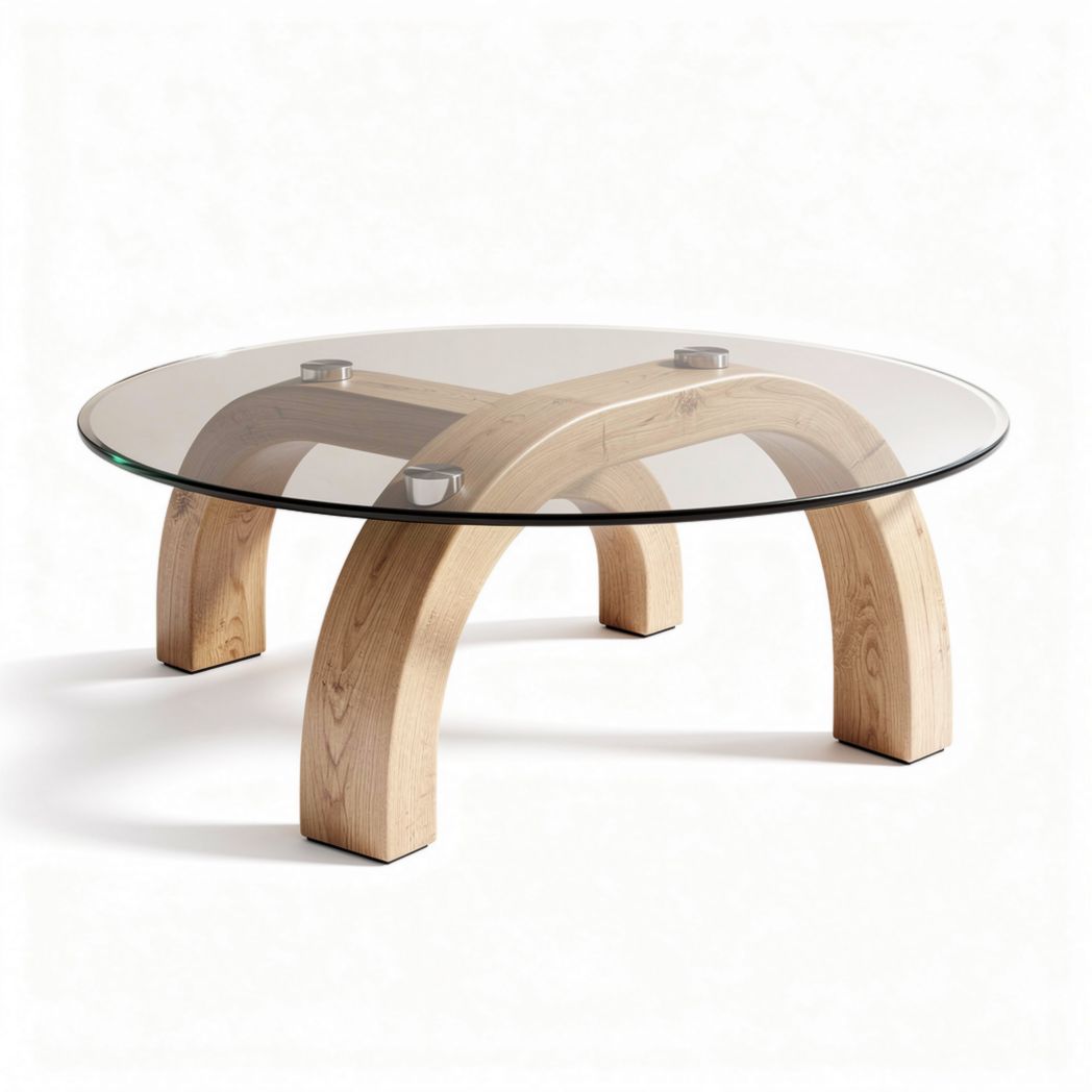 Glass top coffee table with wooden base in natural finish 100 x 100 x 40cm