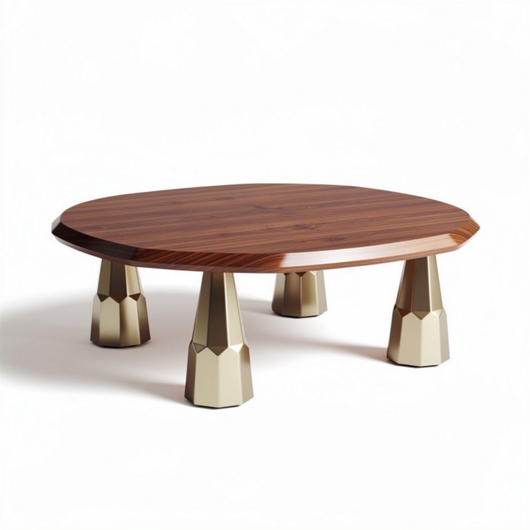 Round coffee table with wooden top and gold geometric legs 80 x 80 x 30cm