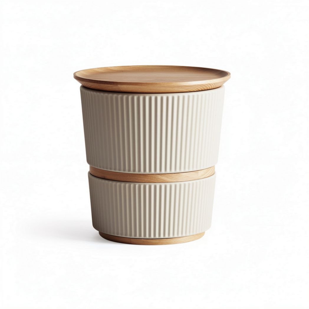 Ceramic planter with wooden lid and ribbed design 20 x 20 x 25cm