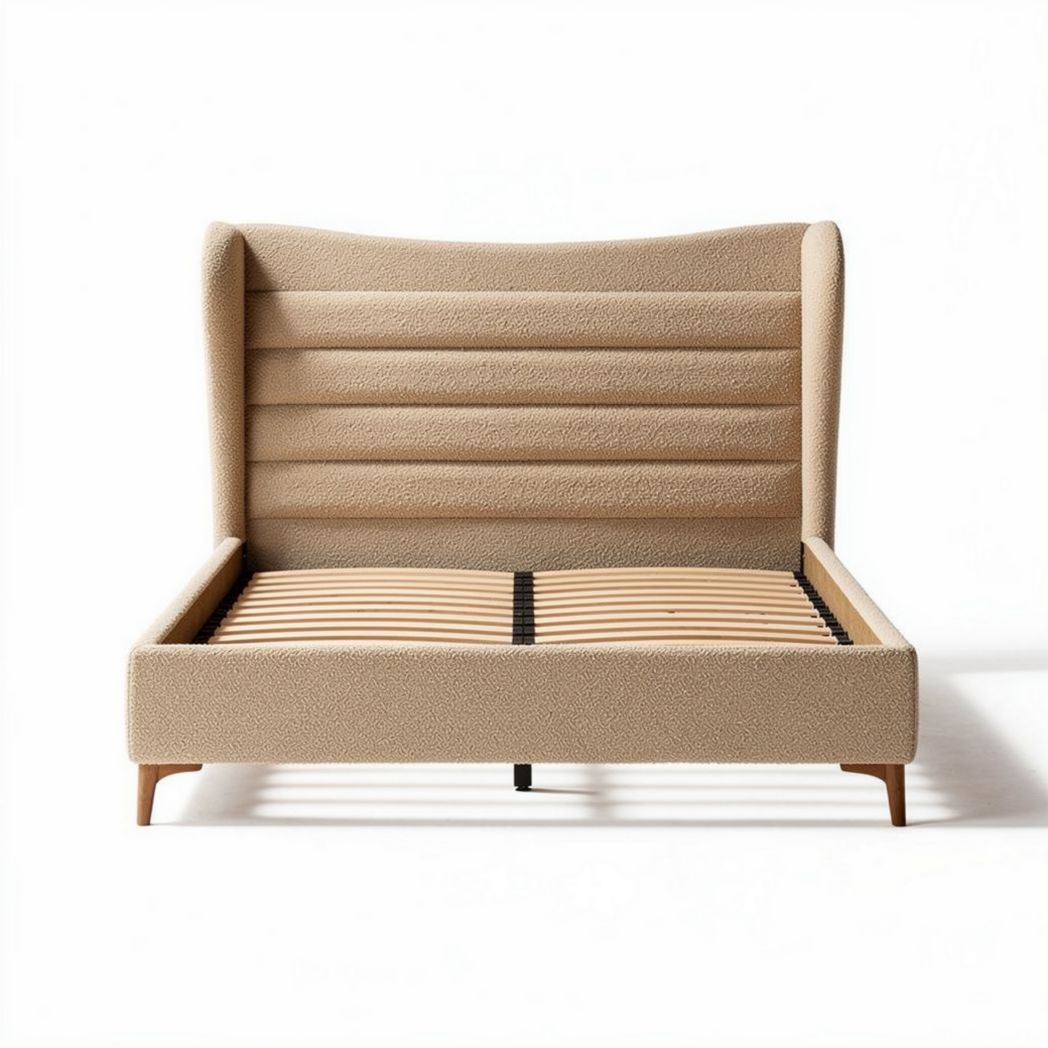 Upholstered full size bed frame with wood slat support and contemporary design