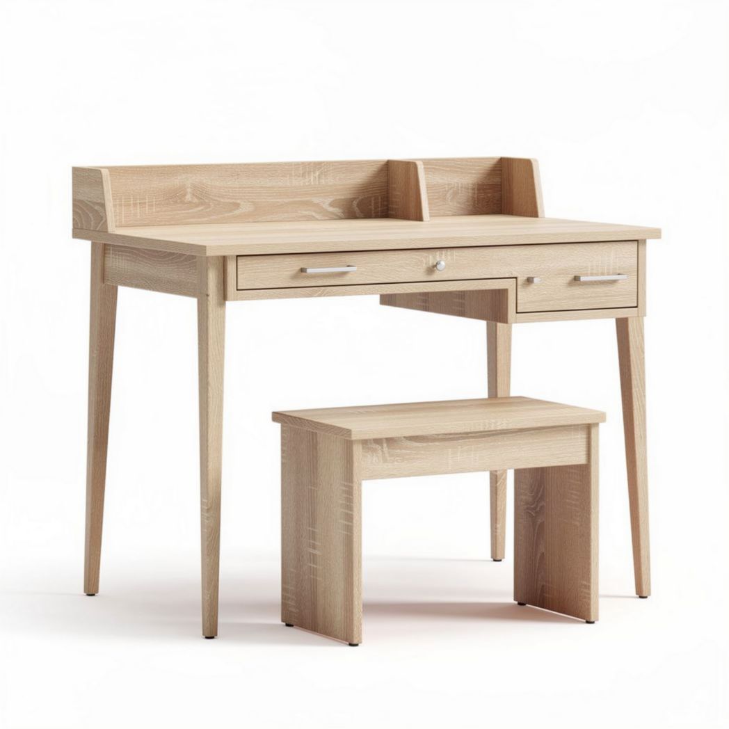Wooden desk with drawer and stool for home office in natural finish 120 x 60 x 75cm