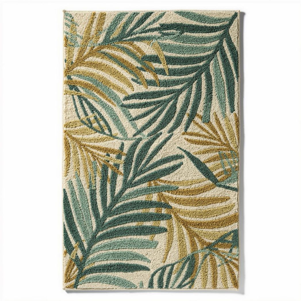 Indoor outdoor area rug with tropical leaf design 150 x 90 x 1cm