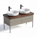 Double sink bathroom vanity with walnut countertop and gray base 120 x 50 x 85cm