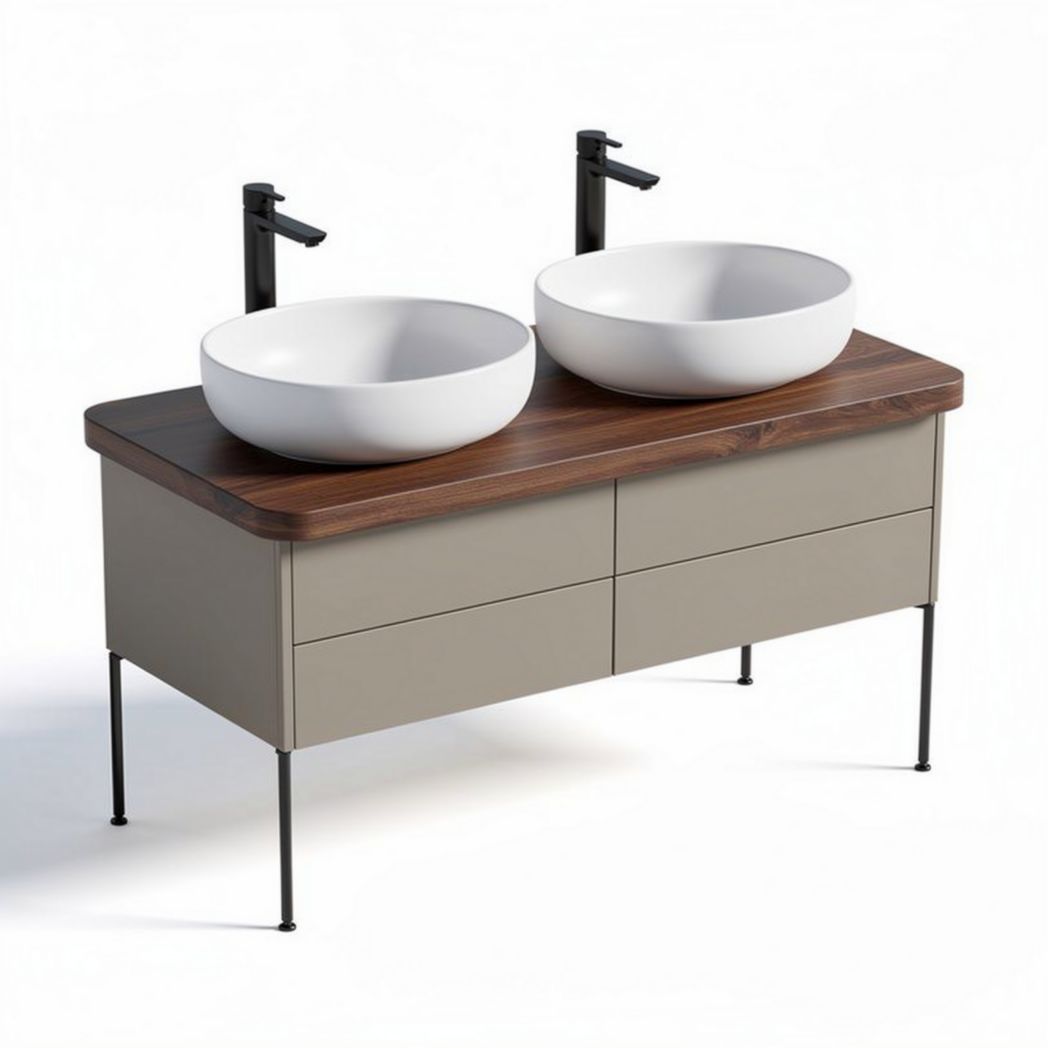 Double sink bathroom vanity with walnut countertop and gray base 120 x 50 x 85cm