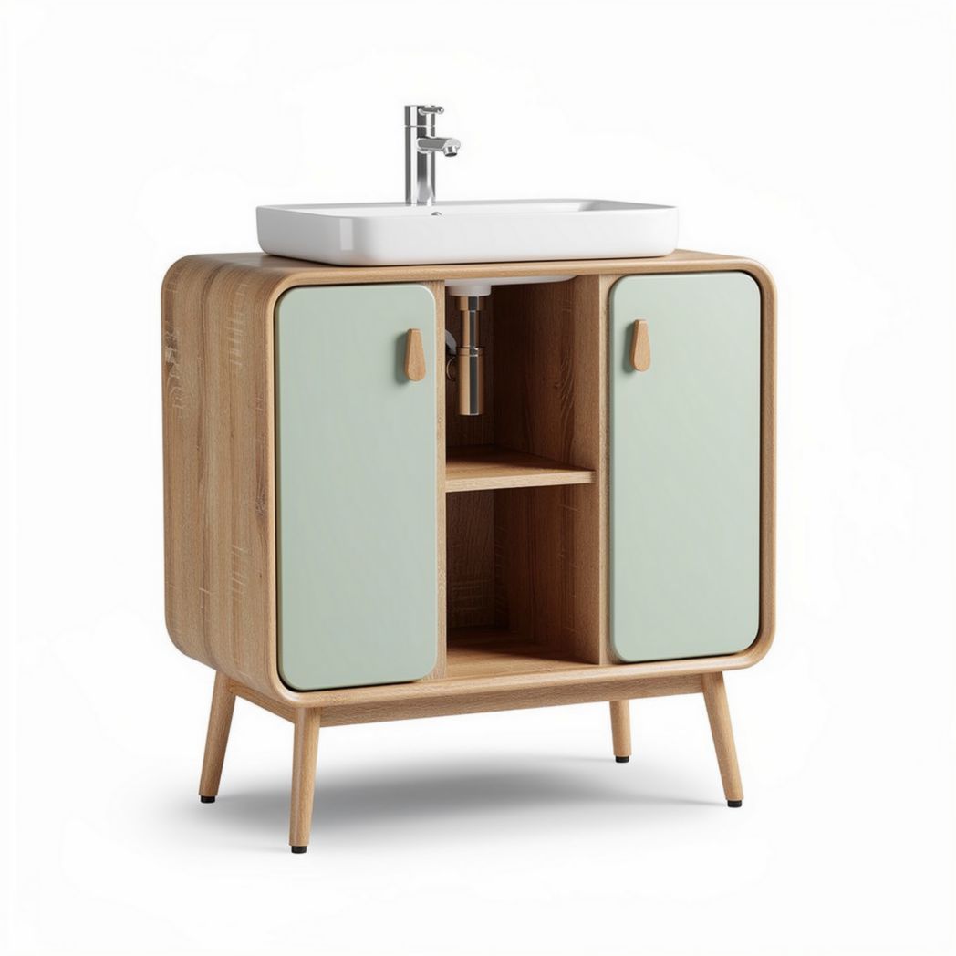 Wooden bathroom vanity cabinet with two doors and white sink 80 x 40 x 85cm